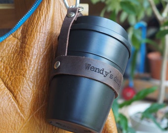 Personalised leather cup carrier and reusable coffee cup, coffee gift, eco gift, coffee gift, coffee gift, Father's day gift,