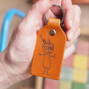 Kids drawing leather key chain, Fathers Day gift, personalised keyring, Childs gift, grandfather gift, Mother's Day, Mothering Sunday