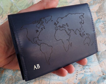 Navy blue leather world map passport holder personalized with your initials in gold, travel gift, passport gift, Father's day passport