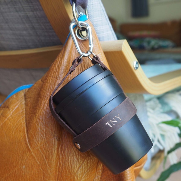 Reusable coffee cup and personalised leather carrier, Sustainable gifts, eco gift