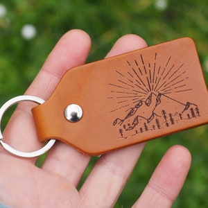 Personalized great outdoors camping leather key fob, leather gift, camping gift, gift for him, trees and mountains image 1