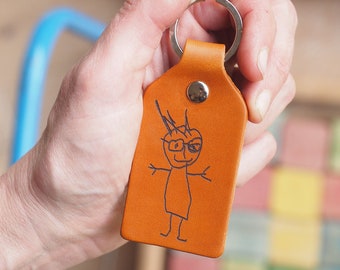 Kids drawing leather key chain, Fathers Day gift, personalised keyring, Childs gift, grandfather gift, Father's Day.