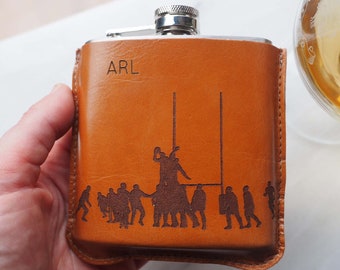 Personalized Rugby Tan Leather Hip Flask: Sports Gift