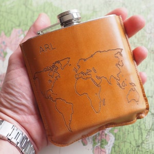 Personalised Leather World Map Hip Flask, leather gift, map gift, custom hip flask, bespoke hip flask, map gift, Father's day map gift image 1