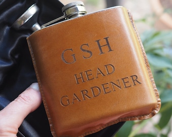 Personalised Head Gardener leather hip flask, gift for him, gardener gift, handmade leather gift, garden gift,  man gardener gift