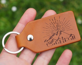 Personalized great outdoors camping leather key fob, leather gift, camping gift, gift for him,  trees and mountains