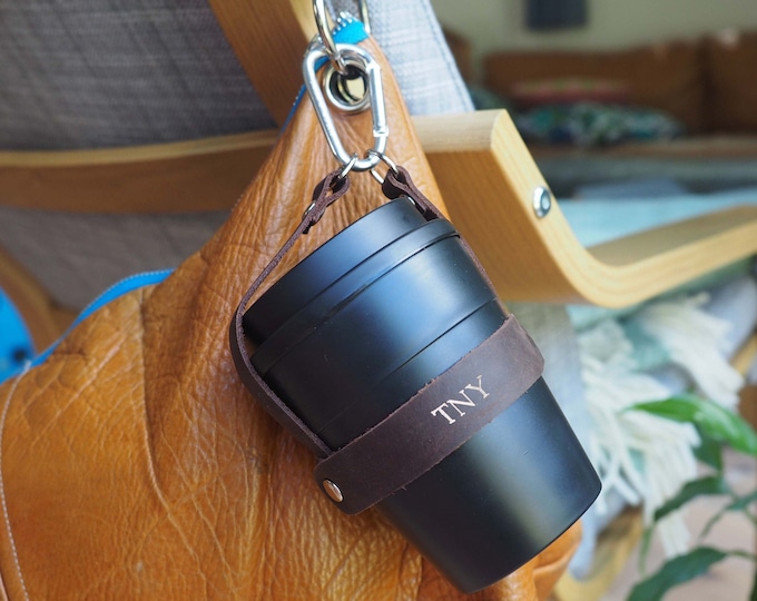 Reusable coffee cup and personalised leather carrier, Sustainable gifts, eco gift