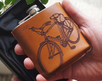 Vintage bike cyclists personalised leather hip flask, bike gift, cyclists gift, cycling gift, man gift, Father's day bike gift,