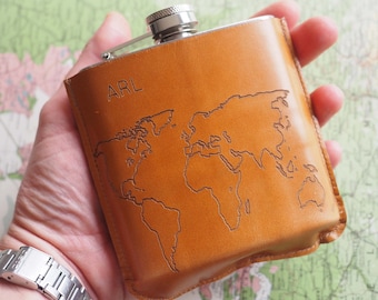 Personalised Leather World Map Hip Flask, leather gift, map gift, custom hip flask, bespoke hip flask,  map gift, Father's day map gift