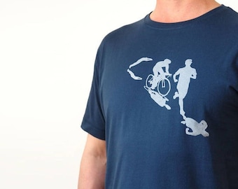 Triathlon men's T shirt in blue, triathlon gift, triathlon tshirt, triathlon gift, triathlete gift