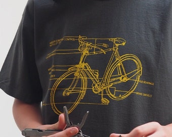 Bike Diagram T shirt in grey and yellow, bike gift, cycling gift, bicycle gift, bike shirt, cycling shirt, cyclist gift, father's day gift