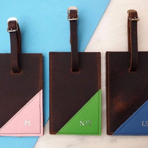 Personalised initials leather luggage tag, modern geometric travel gift, leather gift, gift for him, Christmas luggage tag gift image 1