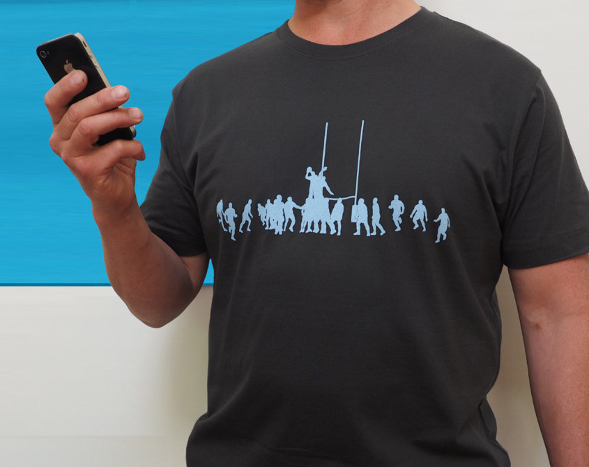 Discover light blue rugby lineout print out on grey Rugby t-shirt