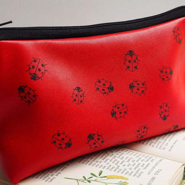 Handmade ladybird print red leather make up bag pouch, handcrafted leather purse, gift for her, grandma gift, Mother's Day, Mothering Sunday