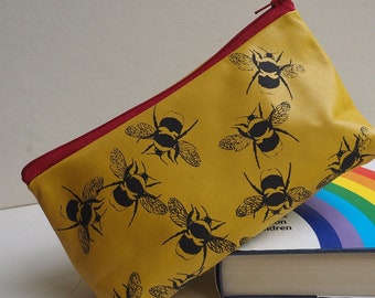 Bees hand printed yellow soft leather make up bag,leather gift, mom gift, grandma gift, bee make up bag, mother's Day, mothering sunday