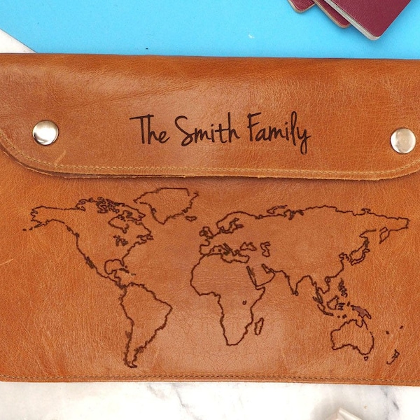 Personalised leather family travel wallet with world map, leather gift, travel gift, passport holder, Stylish travel gift, passport case