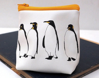 Penguin print soft leather coin purse hand printed, penguin gift, coin pouch, leather gift, Christmas gift, Secret Santa gift