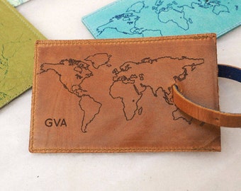 Personalised world map leather luggage tags, luggage tags personalized with monogram, personalised travel gift, luggage tag, map gift