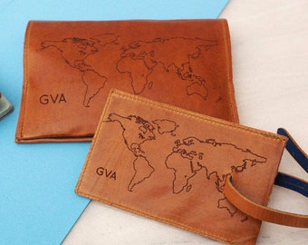 Passport and Luggage tag set personalised world map image, leather travel gift, couples travel gift, christmas travel gift