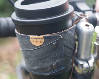 up-cycled / recycled inner tube and leather bike cup holder