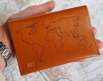 Personalised World Map Leather Passport Holder, Gold Monogram, Travel Gift