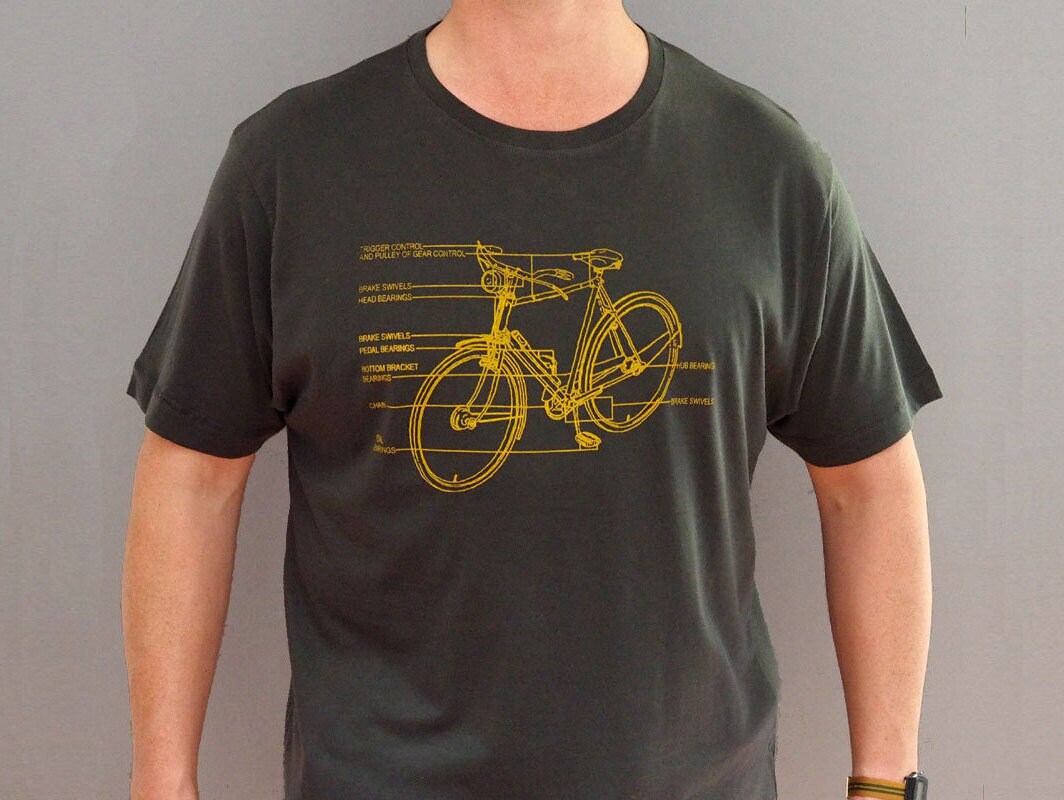 Image of Bike Diagram Tshirt in Grey & Yellow, Bicycle Gift For A Cycling Fan, Holiday Sports Lover