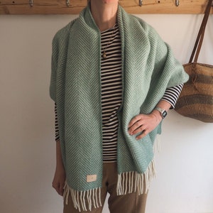 Personalized green herringbone pure wool blanket scarf, cosy wrap gift for her, cosy gift, warm scarf