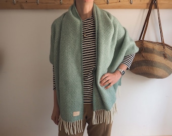 Personalized green herringbone pure wool blanket scarf, cosy wrap gift for her, cosy gift, warm scarf