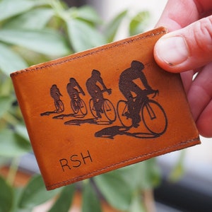 Personalisierter handgemachter Radfahrer-Kartenhalter aus echtem Leder, Fahrradgeschenk, Fahrradgeschenk, Lederkartenhalter, Vatertags-Fahrradgeschenk
