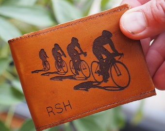 Personalized Leather Cyclist Card Holder - Engraved Bike Christmas Gift