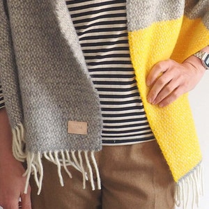Personalised pure wool blanket scarf, in grey with yellow and cream stripes, cosy gift, cosy scarf, warm scarf, monogram scarf, mother's day image 2