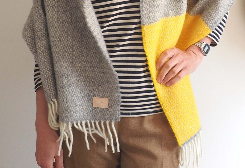 Personalised pure wool blanket scarf, in grey with yellow and cream stripes, cosy gift, cosy scarf, warm scarf, monogram scarf, mother's day image 2