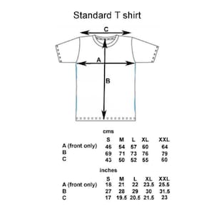 May include: A black and white line drawing of a standard T-shirt with arrows indicating measurement points A, B, and C. A table below provides sizing specifications in both centimeters and inches for sizes S, M, L, XL, and XXL, detailing the width and length.