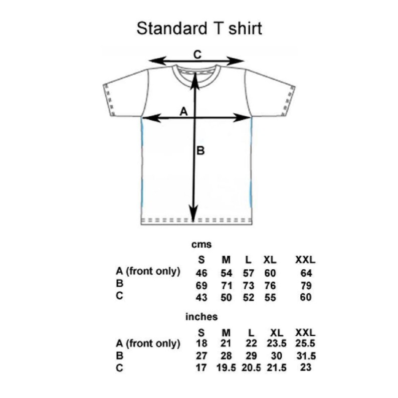 May include: A black and white line drawing of a standard T-shirt with arrows indicating measurement points A, B, and C. A table below provides sizing specifications in both centimeters and inches for sizes S, M, L, XL, and XXL, detailing the width and length.