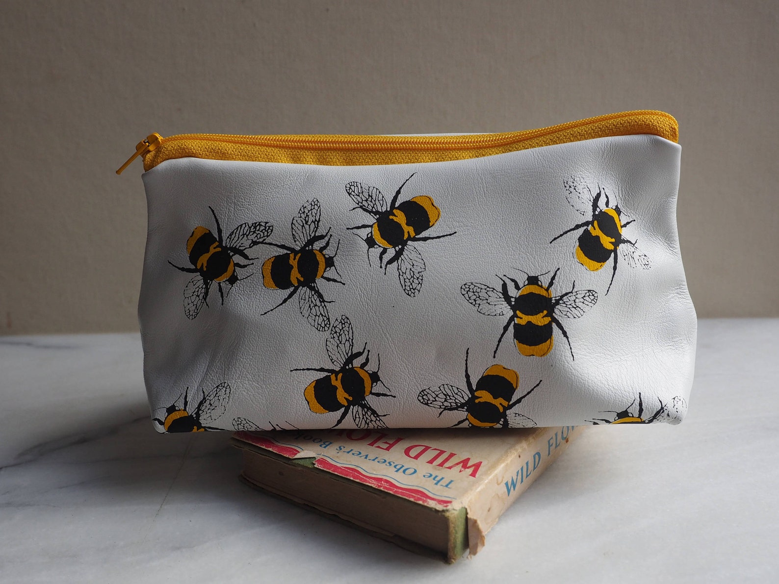 Soft Leather Makeup Bag in White Leather With Bees Print Hand Etsy