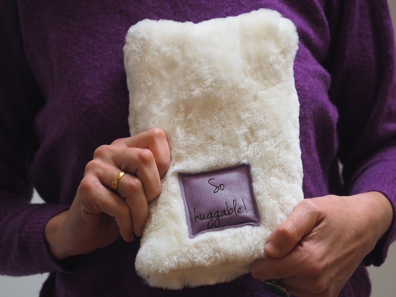 Handmade sheepskin micro hot water bottle cover with your message 500ml,gift for her, mom gift, grandma gift, christmas hotwater bottle gift image 1