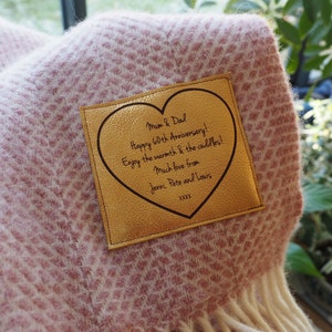 Woollen throw personalised with a message engraved on a gold leather patch, couples throw, wife, Mother's Day, Mothering Sunday image 1