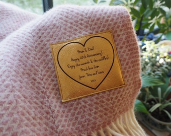 Woollen throw personalised with a message engraved on a gold leather patch, couples throw, wife, Mother's Day, Mothering Sunday