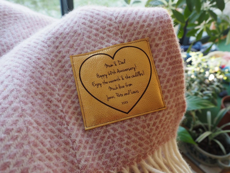 Woollen throw personalised with a message engraved on a gold leather patch, couples throw, wife, Mother's Day, Mothering Sunday image 1