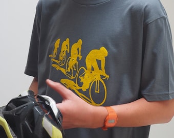 Cyclists and shadows grey T shirt in grey and yellow, gift for him, bike gift, cycling gift, gift for cyclists, bike T shirt