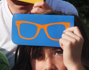 Handprinted blue leather sunglasses case, blue and orange soft glasses case, sunglasses gift, gift for her, Mother's day, mothering Sunday