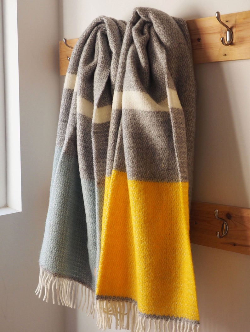 Personalised pure wool blanket scarf, in grey with yellow and cream stripes, cosy gift, cosy scarf, warm scarf, monogram scarf, mother's day image 5