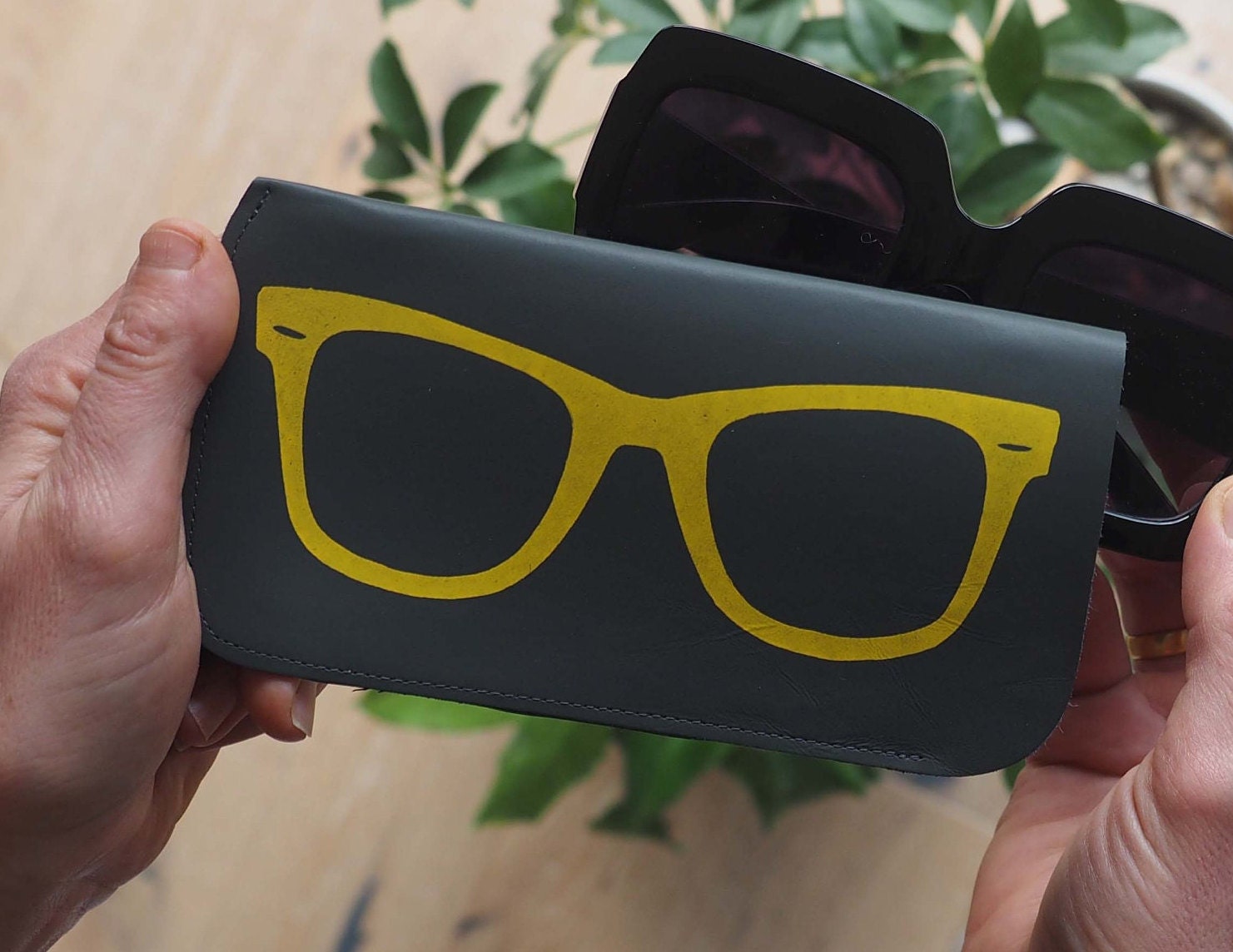 Soft Leather Glasses Case in Grey and Yellow, Travel Gift