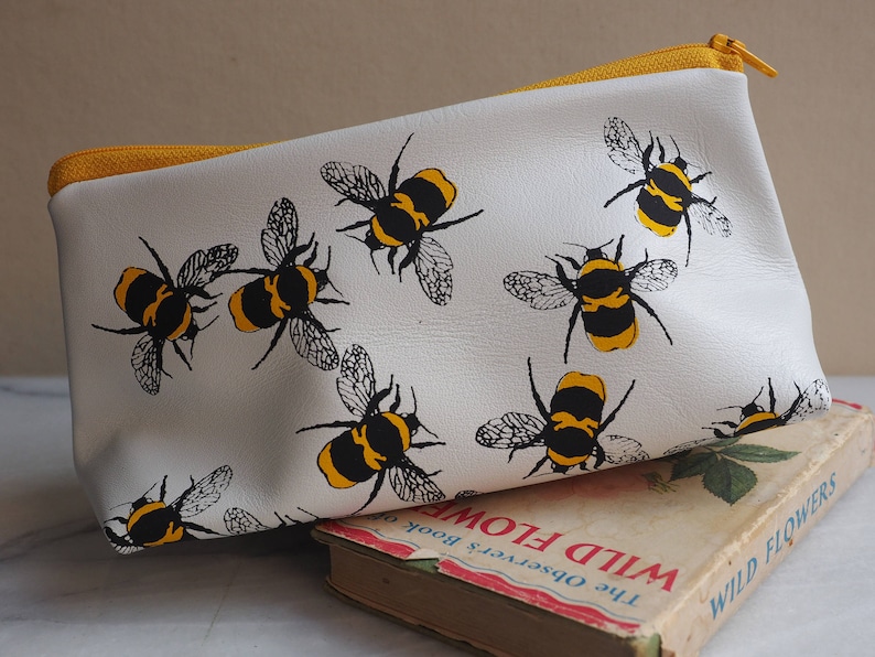 Soft Leather Makeup Bag in White Leather With Bees Print Hand Etsy