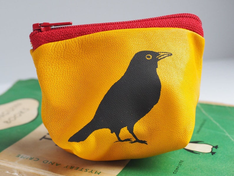 Small Blackbird Purse, handmade from a soft yellow leather, leather gift, gift for her, coin pouch, coin wallet, mom gift, grandma gift image 1
