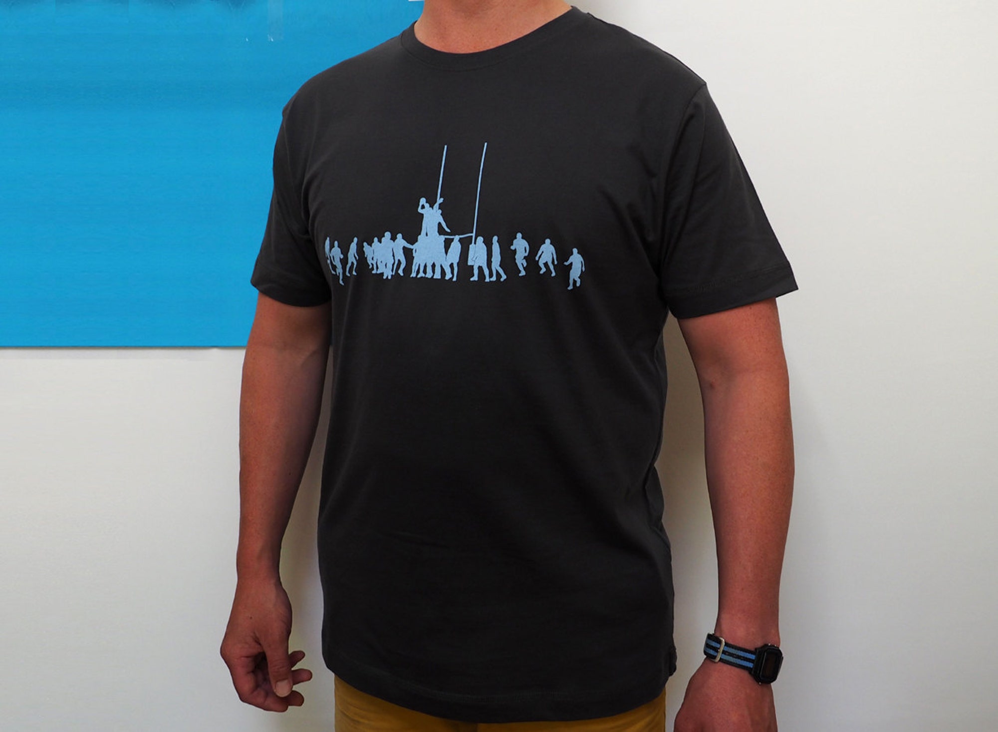 Discover light blue rugby lineout print out on grey Rugby t-shirt