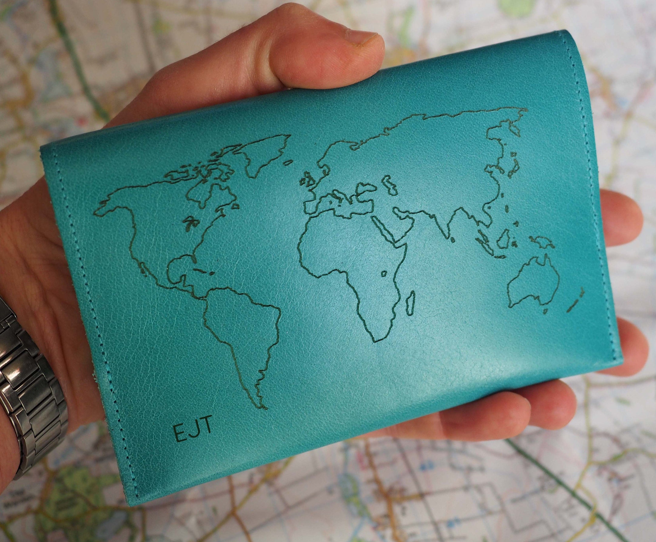 Personalized World Map Leather Passport Cover, Travel Gift, World Map
