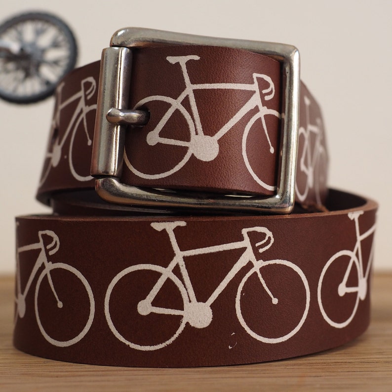 Brown Leather Belt printed with Bikes, bike gift, cycling gift, bicycle gift, Christmas for cyclists image 2