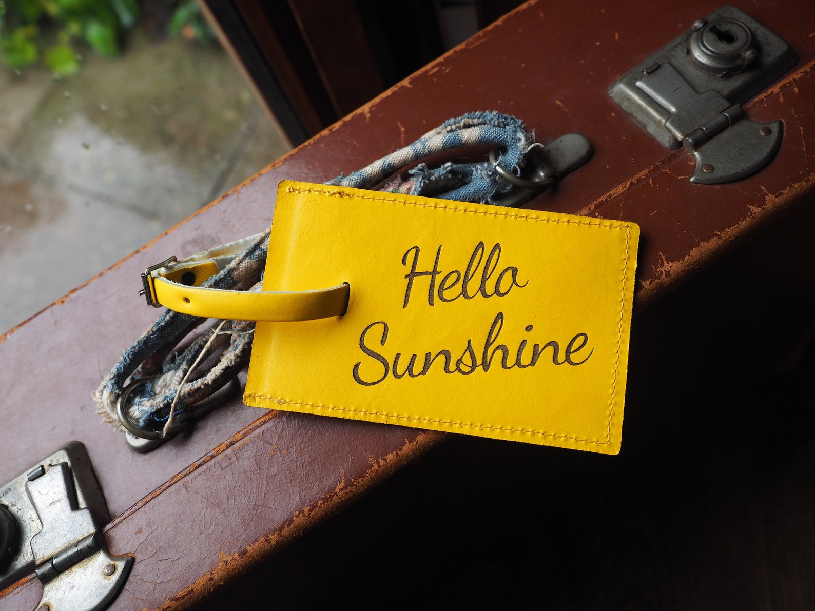 Yellow luggage tag fun luggage tags Hello Sunshine Leather Etsy