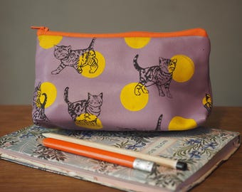 Handmade Leather Makeup Bag: Kitten Print Pouch, Lilac & Yellow